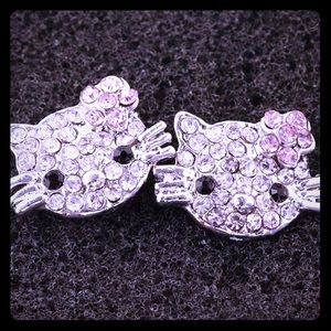 Sparkling Rhinestone Crystals Silver CZ Hello Kitty Earrings Nickel Free